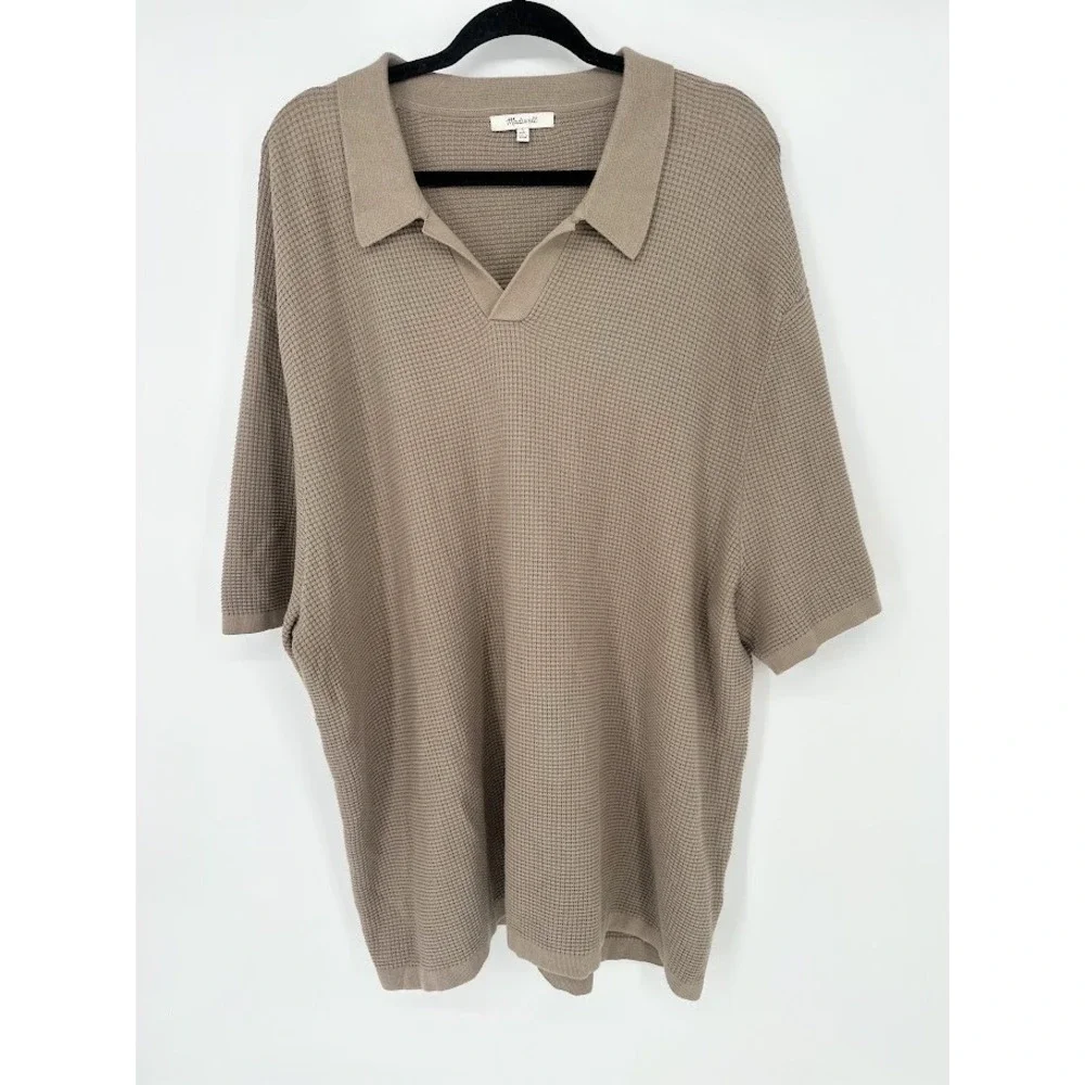 Madewell Mens Johnny Collar Waffle Knit Polo Sweater Size XXL 100% Cotton Stone